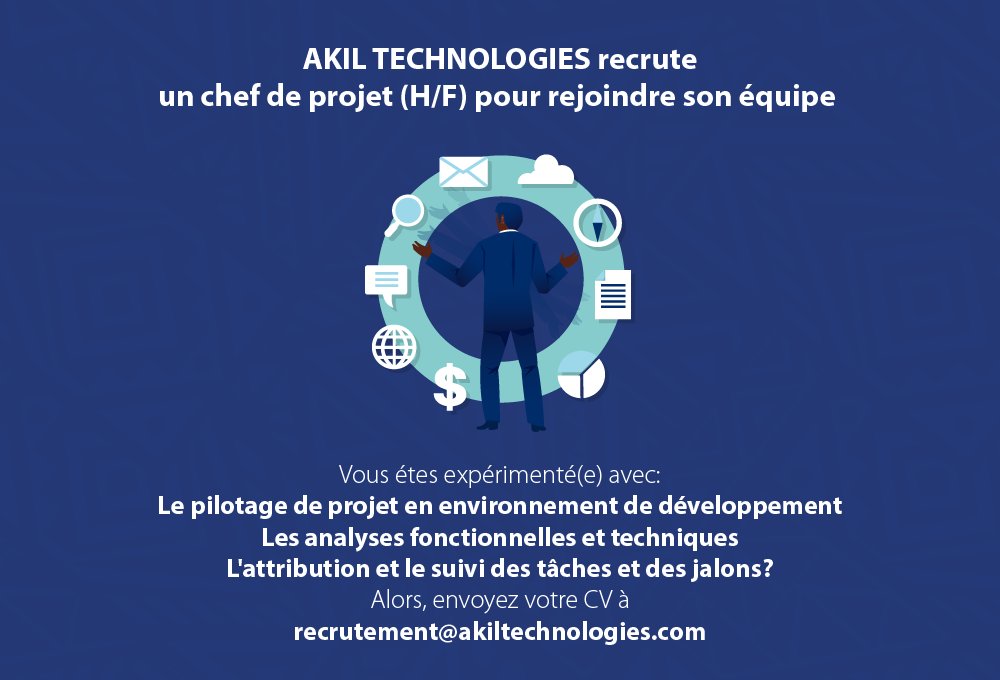 AKIL Recrute: Un(e) chef(fe) de projet pour nous aider a garantir le bon déroulement et suivi des projets informatiques. Vous serez orienté utilisateur et vous focaliserez sur l’apport de valeur ajoutée pour l’entreprise et les équipes!
=> recrutement@akiltechnologies.com