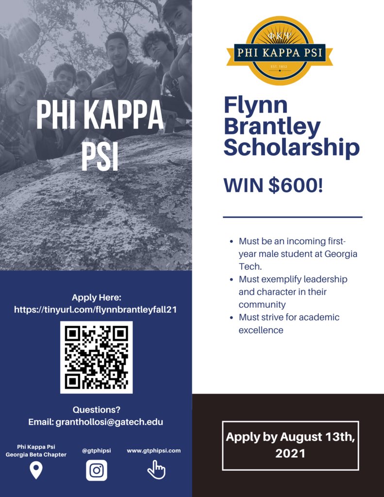 gtphipsi's tweet photo. The GT Phi Kappa Psi Fraternity is offering a $600 scholarship to an incoming freshman at Georgia Tech.

To apply, please visit https://t.co/PtzBAlXiiq

Check out our website at https://t.co/alcm688aos

If you have any questions, please email granthollosi@gatech.edu

#LEDN #gt25 https://t.co/8sVI7LDXia