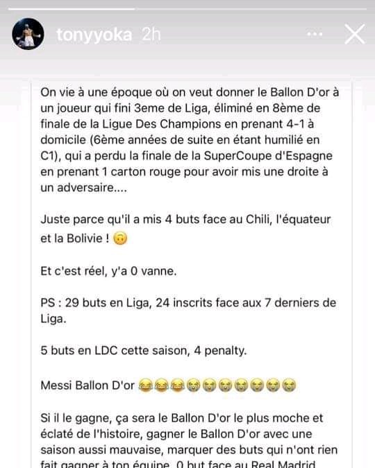 Élève bagarreur, passe son temps à boxer tout le monde dans la cour de récré, incapable d'assimiler de petites règles de la langue Française. 
<a href="/TonyYoka/">Tony YOKA</a>, on dit plutôt, "on vit", "il finit"... Et pire en histoire, #Messi a marqué 30 buts et non 29. 6ème quoi ? Merde 🤣🤣🤣