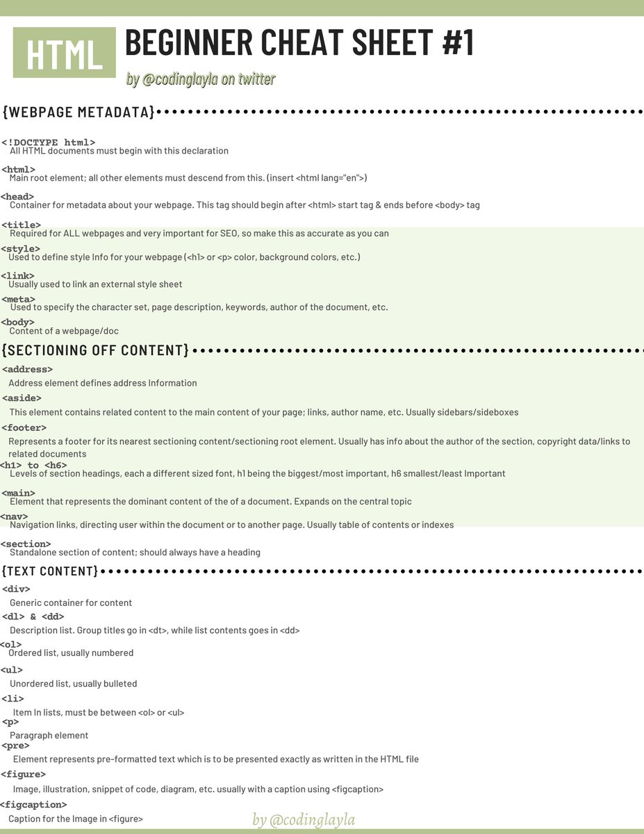 pilatesdev's tweet photo. 👇 A thread of HTML cheat sheets I've created to help myself through my HTML/CSS journey! Feel free to use and share 

🌺 #CodeNewbie #WomenWhoCode #DEVCommunity https://t.co/G4Clygulhj