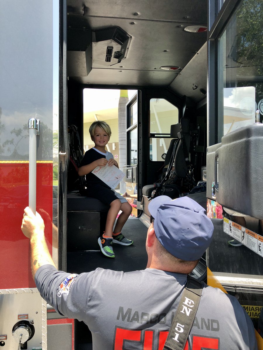 YMCAMarco's tweet photo. The campers were overjoyed by a visit from @MarcoIslandFire 🧑‍🚒They were treated to a demonstration of their equipment🧯and a tour of the fire truck!🚒#ThankYou #MIFR from our campers &amp; staff for your dedication, hard work and service to the community! https://t.co/JATnRA2spR