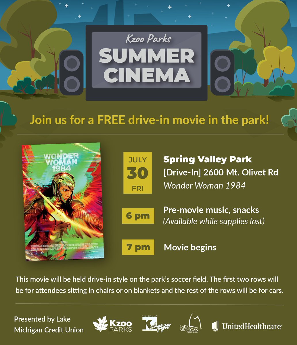 Have you ever been to a drive-in movie? Now’s your chance!

Join us this Friday for a FREE showing of Wonder Woman 1984 at Spring Valley Park. Presented by @LMCU and sponsored by @UHC https://t.co/TJnG0uNiX2