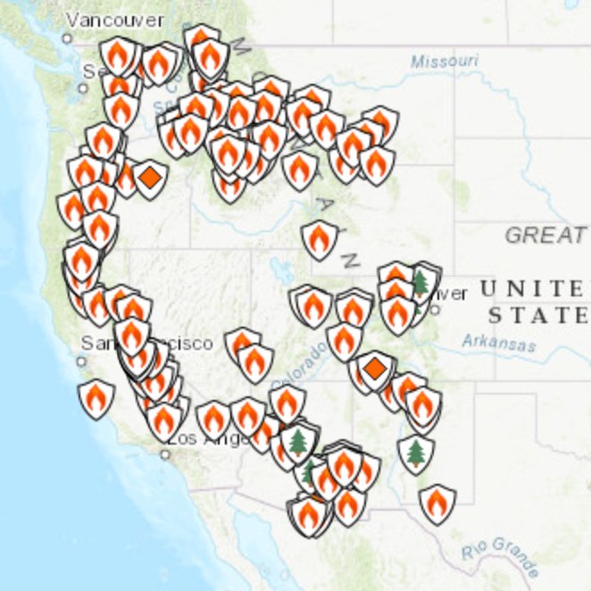 AnnaKingreports's tweet photo. Anyone else wondering when the entire West will just become one HUGE fire shield symbol on the @inciweb map?
#firejournalist #fireboo https://t.co/fNgdkVOdfh