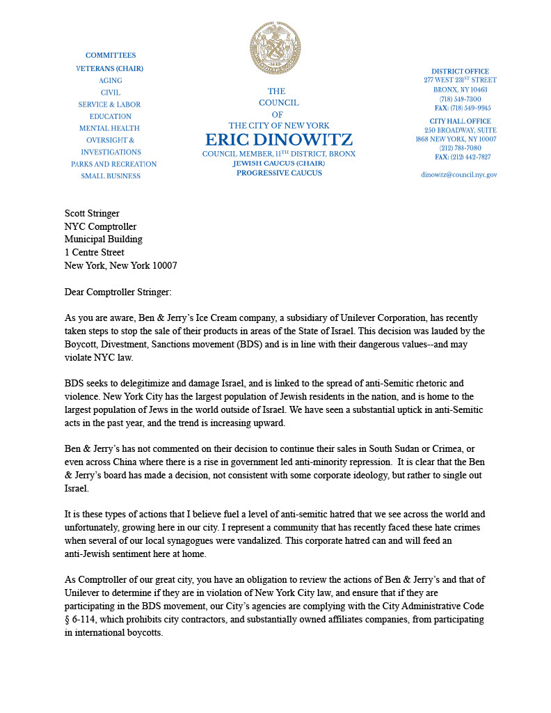 EricDinowitzNYC's tweet image. At a time when we have seen a substantial uptick in anti-Semitic acts in a city which is home to the largest population of Jews outside of Israel, the actions of Ben &amp;amp; Jerry’s adds fuel to the fire. Today I asked the Office of the @NYCComptroller to review their actions.