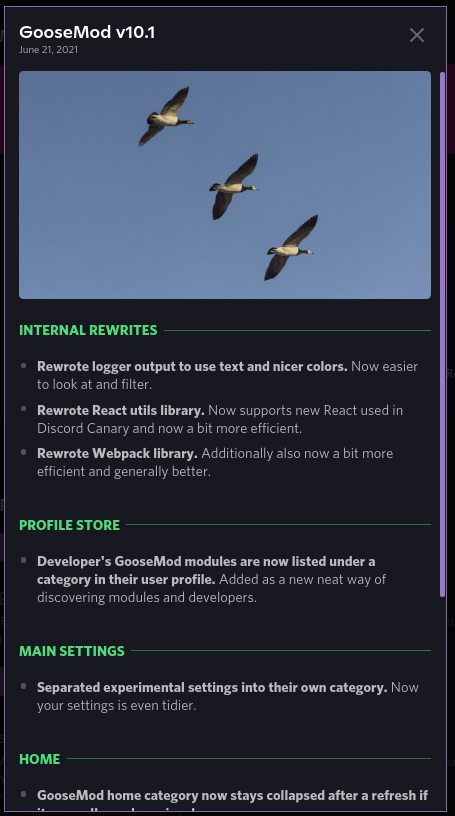 Goose_Mod's tweet photo. GooseMod v10.1 is now out! Internal rewrites, new profile store, and lots of tweaks and fixes. Changelog attached, have fun! https://t.co/aWkngQ5AWy