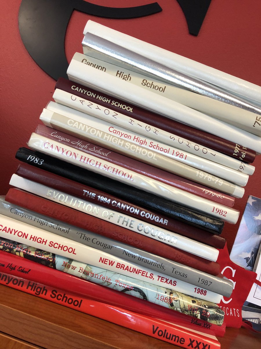 DavissonDustin's tweet photo. To plan for the future, you must know your past!  Thank you to David Gyure, faculty from 1959-1991, for donating these Cougar yearbooks.  Great information in these! @canyonhscougars https://t.co/jnEE8IVD49
