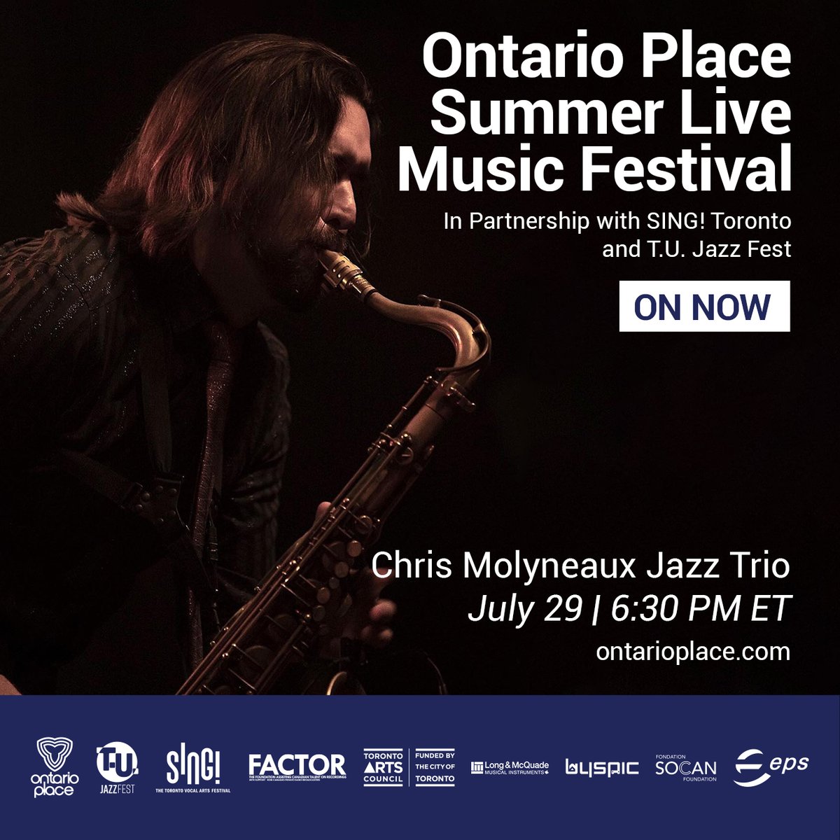 TUJazzFest's tweet photo. Let's celebrate the return of live music this Thursday with the Chris Molyneaux Trio at @ontarioplace! Tickets are on-sale now at https://t.co/qUN7rlDZrW. Can't wait to see all of you in person! #livemusic https://t.co/b896B3hmMD