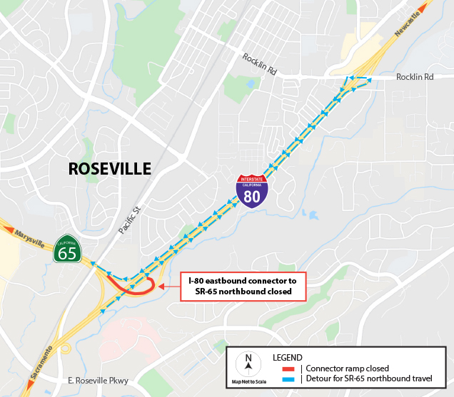 Detour map for the closure of the •	Eastbound I-80 connector to northbound SR-65: Motorists are advised to take eastbound I-80 to the Rocklin Road off-ramp and connect to westbound I-80 via the Rocklin Road on-ramp, then use the westbound I-80 connector to northbound SR-65.