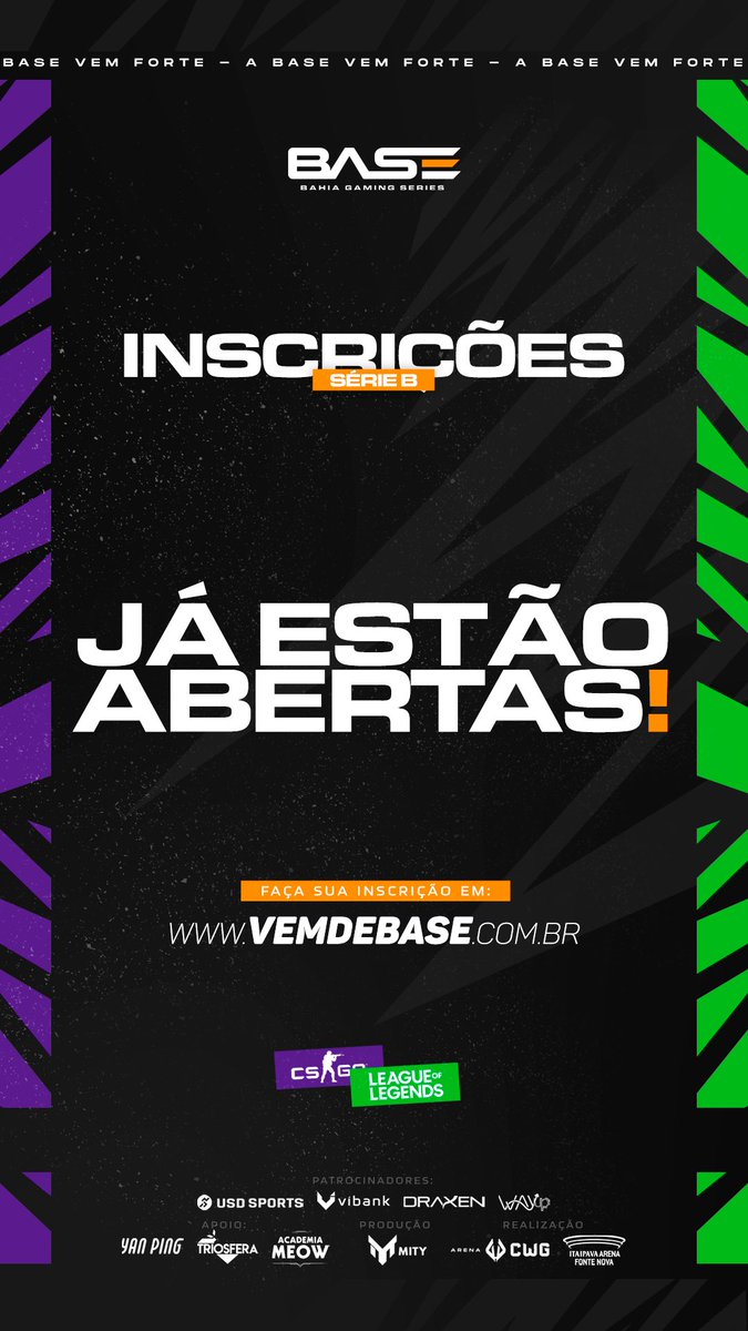 VemdeBase_'s tweet photo. INSCRIÇÕES ABERTAS 🔥
Bota a BASE e vem com tudo!
Chegou a hora de mostrar que seu time é o MAIS BARRIL de TODOS 👊
•
Inscrições abertas para a Série B, só acessar nosso site Link na bio
#VemDeBase #ABaseVemComo
#inscriçõesabertas https://t.co/U2FPBZnCHg