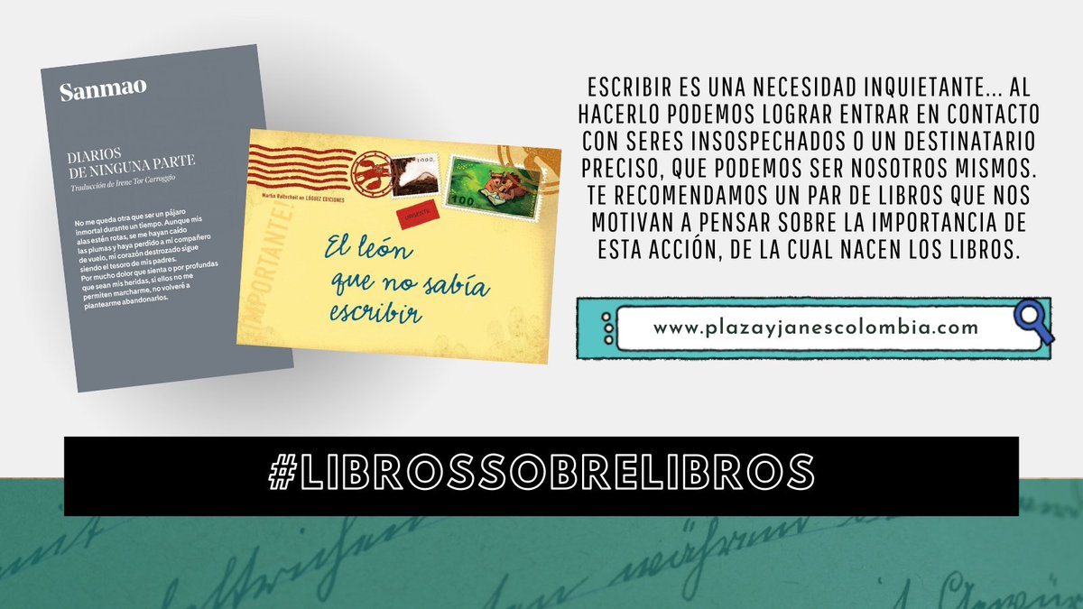 #LibrosSobreLibros Escribir es una necesidad inquietante... Al hacerlo podemos lograr entrar en contacto con seres insospechados o un destinatario preciso, que podemos ser nosotros mismos. Te recomendamos:
📕 El León Que No Sabía Escribir 
📗Diarios De Ninguna Parte