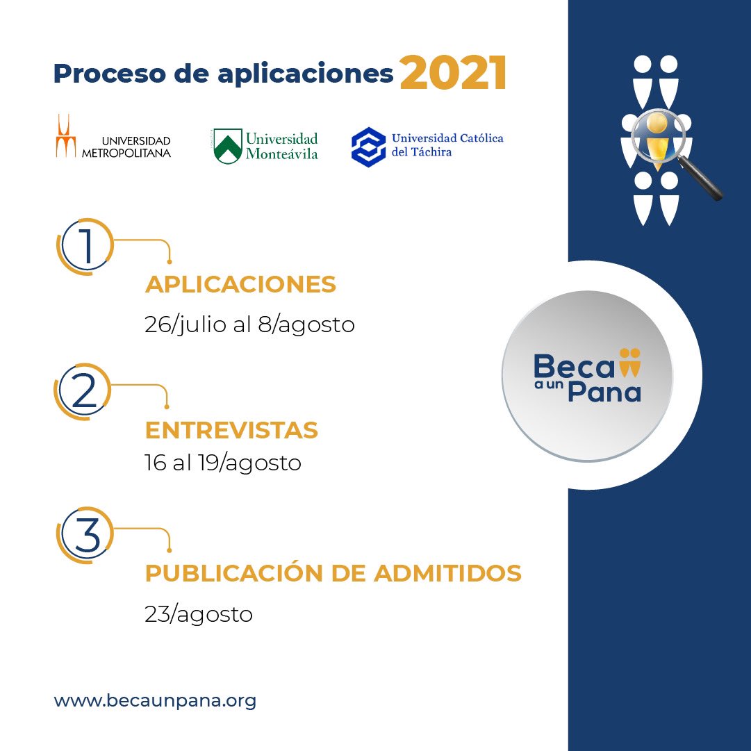BecaUnPana's tweet photo. Finalmente, hoy damos inicio a nuestro proceso de aplicaciones 2021⏳

En esta primera etapa solo podrán aplicar estudiantes de @unimet, @monteavila y @notiucat  🙌

Para aplicar: Ingresa a nuestra página web

https://t.co/41uZwtRuwo
 
#AplicacionesBAUP2021 https://t.co/OhxW9QE0iN