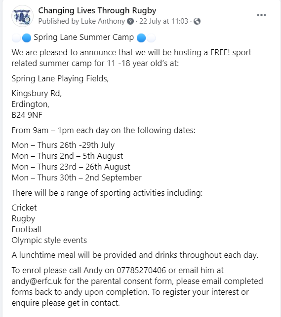 c_l_t_r's tweet photo. Free activities and healthy food at Spring Lane Playing Fields over the summer for all 11-18 year olds https://t.co/HArBhFD1Lh
