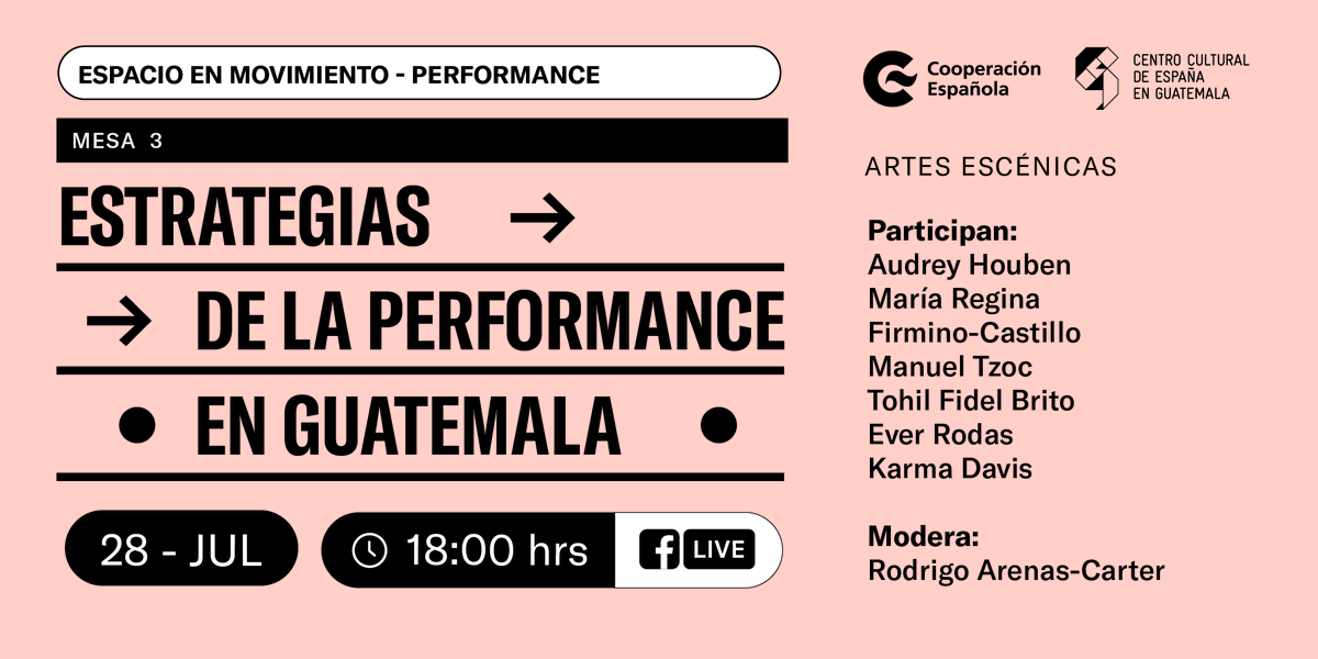 CCEGUATEMALA's tweet photo. ¿#Performance en Guatemala?👁️

Después de hablar de la historia y las estrategias de la performance nos preguntamos: ¿Hay un futuro para esta disciplina en el país? 🧐

Acompáñanos a descubrirlo en el tercer encuentro de #EspacioEnMovimiento, moderado por @RArenasCarter https://t.co/ATCl5ww8p7