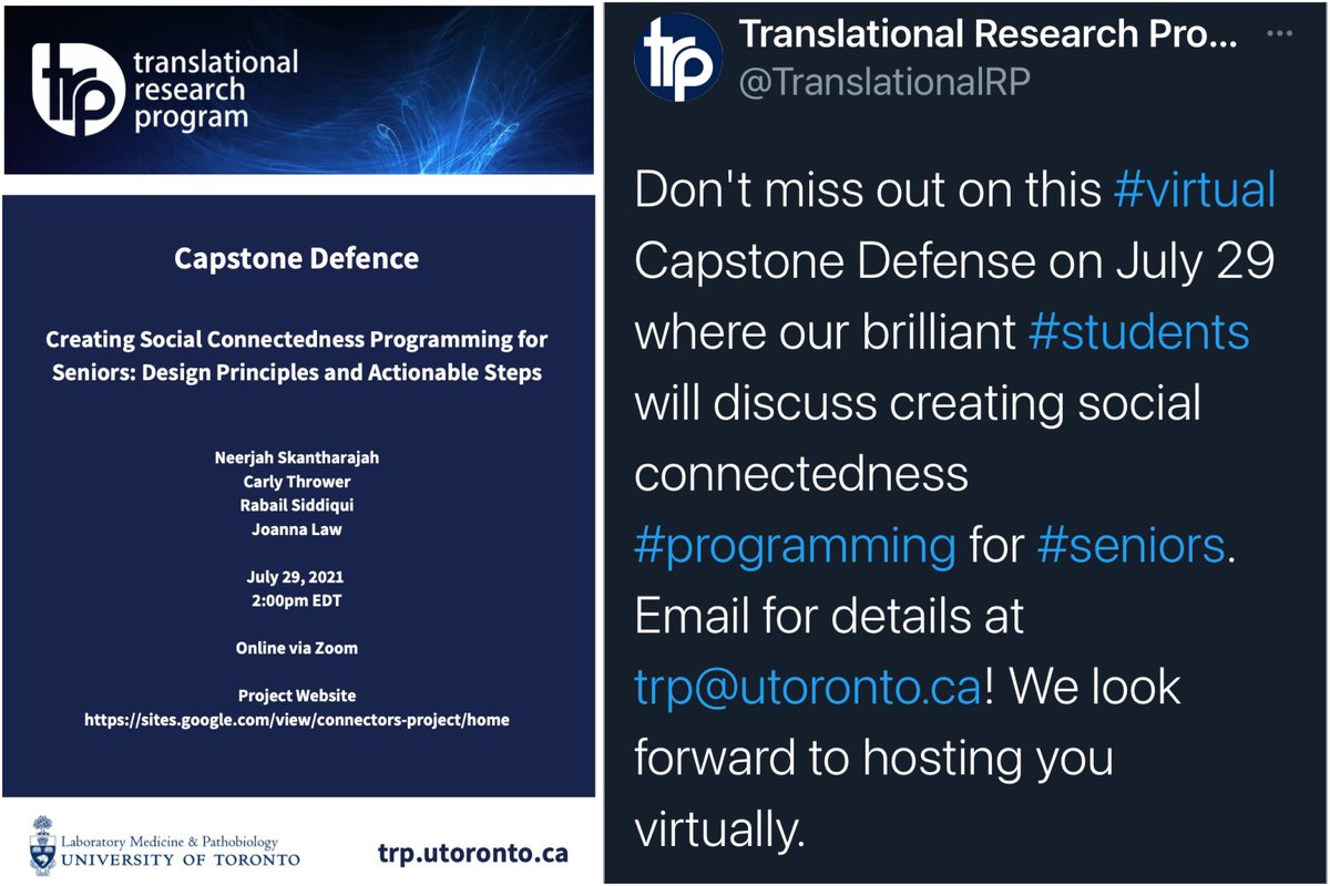 rb33canada's tweet photo. I am looking forward this week to the Capstone Defence of these Masters Students in the @TranslationalRP 

#CreatingSocialConnectednessForSeniors
🧓🏾👴🏼🔗 💕👍🏽

@NeerjahSkantha1
@CarlyMThrower
@rabs918 
@pzjoanna

They have done such a great job the past year to connect w/ seniors. https://t.co/MRQIiY9NRX