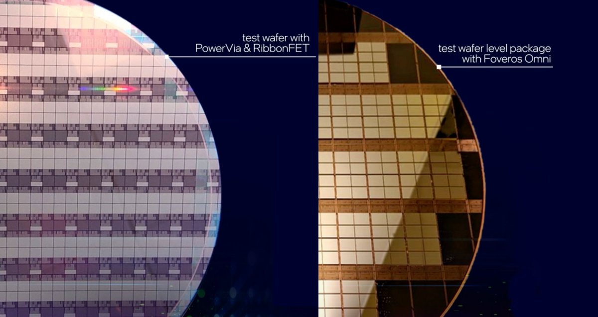 aschilling's tweet image. Some test wafers with #RibbonFET, #PowerVia and #Foveros Omni.