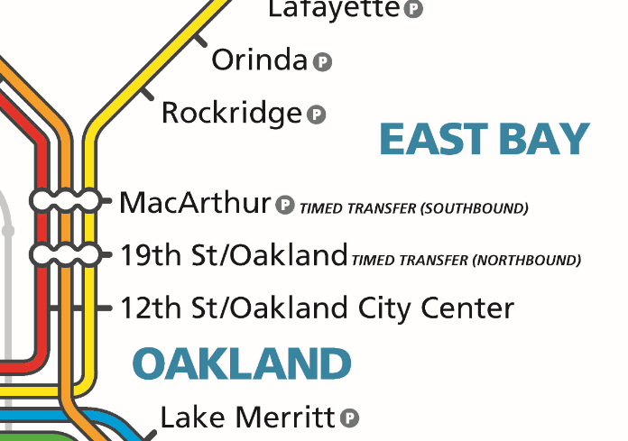 Screenshot of new updated BART system map with Oakland as geographic marker