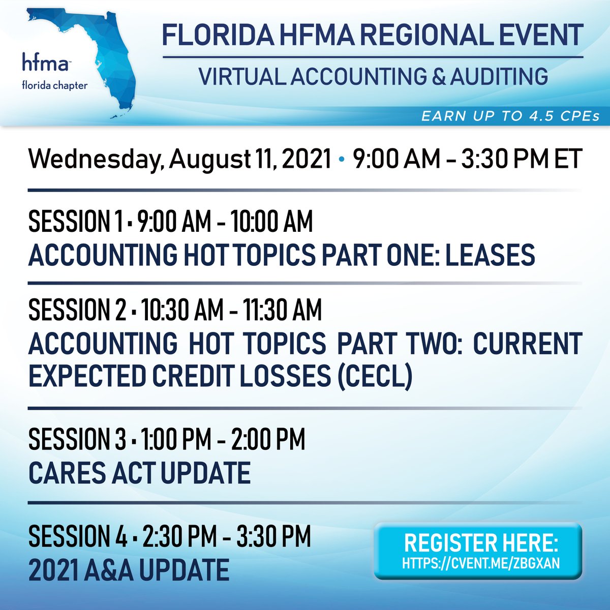 FLHFMA's tweet photo. 4.5 CPEs AVAILABLE! Register today for the South Region's Accounting &amp; Auditing Virtual Education Event. Learn more about the education that will be presented at the event and register by clicking this link https://t.co/nwniutXdA1. https://t.co/1EqkbERoSE