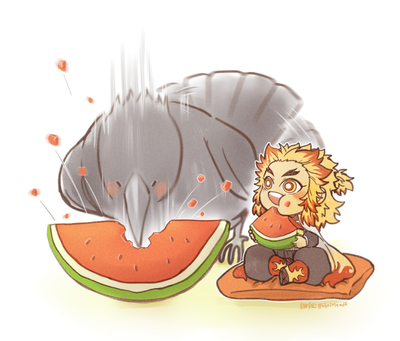 rengoku kyoujurou watermelon food forked eyebrows fruit 1boy sitting male focus  illustration images