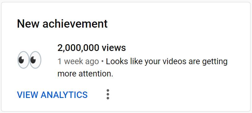 YouTube has informed me that we have surpassed 2 million views on the channel.

You guys, the community that has come together around it, are amazing. You're the heart and soul of everything I'm looking to create now.

So much more to come.