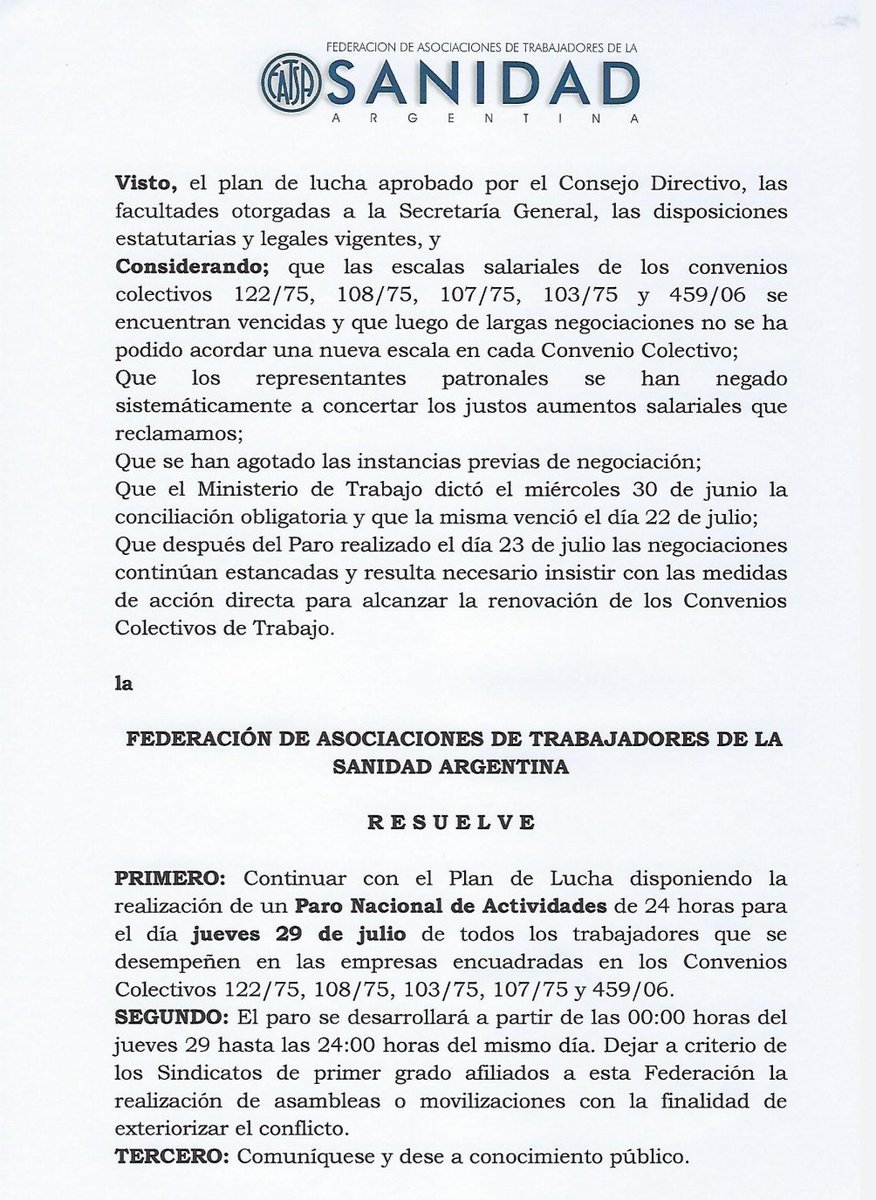 Lxs trabajadorxs de Sanidad de todo el país paramos el jueves por 24 hs. Seguiremos adelante con nuestro Plan de Lucha Nacional hasta lograr nuestro objetivo.

Comparto el Comunicado Oficial de <a href="/SanidadArg/">FATSA</a> emitido el día de hoy.

#SinSalarioNoHaySalud