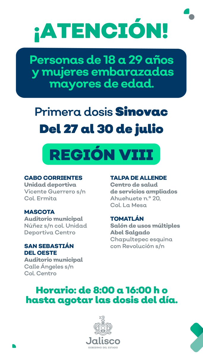 EnriqueAlfaroR's tweet photo. Como parte de las modificaciones que planteamos a la estrategia nacional de vacunación contra el #COVID19 en Jalisco, mañana inicia la jornada para personas entre los 18 y 29 años de 29 municipios y el miércoles se abre el registro de citas para las de 30 a 39 años del AMG. https://t.co/QJZiixRlEY