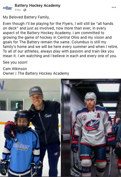 BrianHedger's tweet photo. In case anybody was wondering, @CamAtkinson13 might be with the #Flyers now but he remains "all in" with Columbus as a community and growing Central Ohio as a hockey hotbed. https://t.co/QJJNPfKKxa
