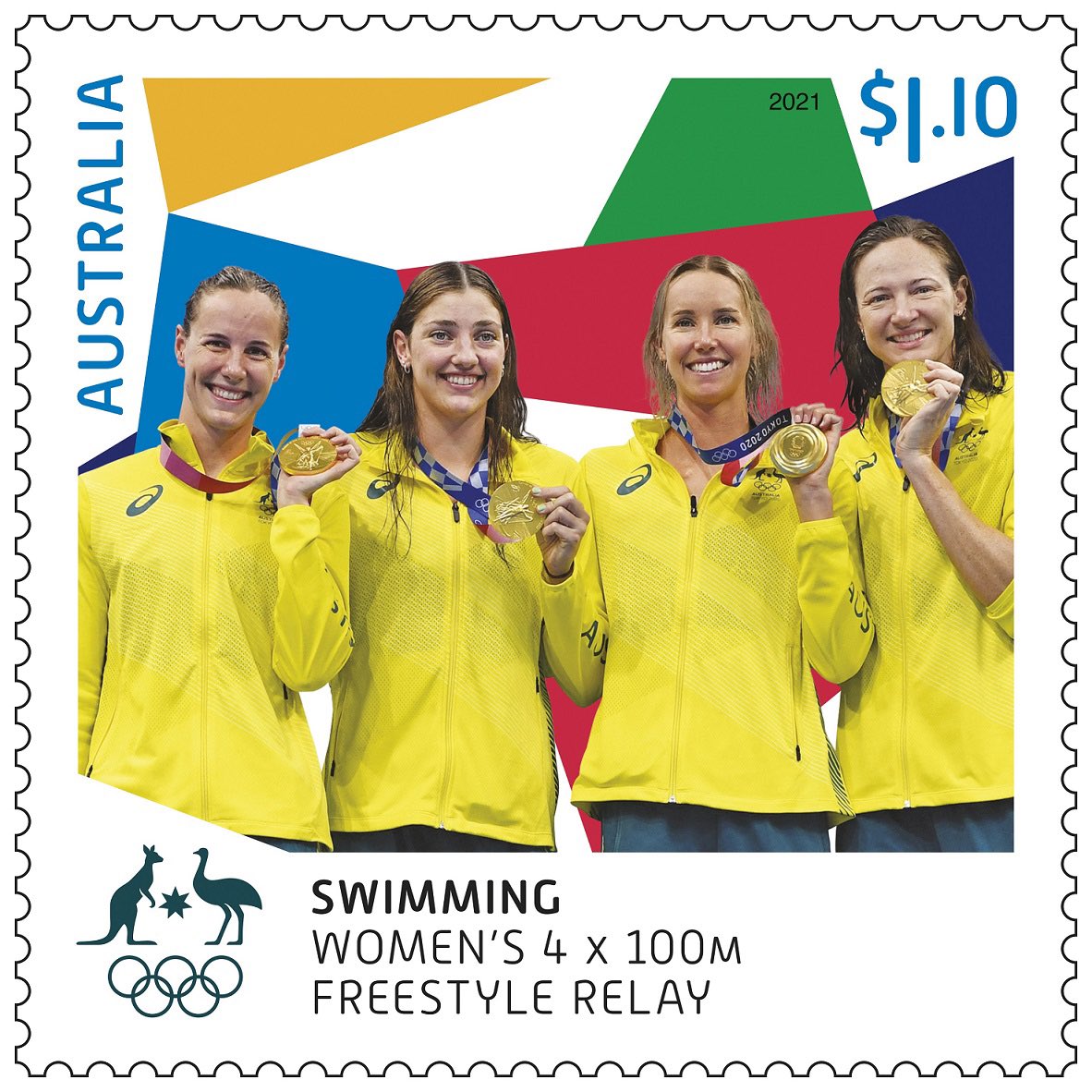 SheffN's tweet photo. What a thrilling start to #Tokyo2020 #Olympics - The @auspost Gold Medallist Stamps program celebrates every Aussie gold medallist with a stamp available in stores. First off the block: our incredible Women’s 4x100 Freestyle Relay team and Ariarne Titmus 🥇 https://t.co/dhDSXWKTWT