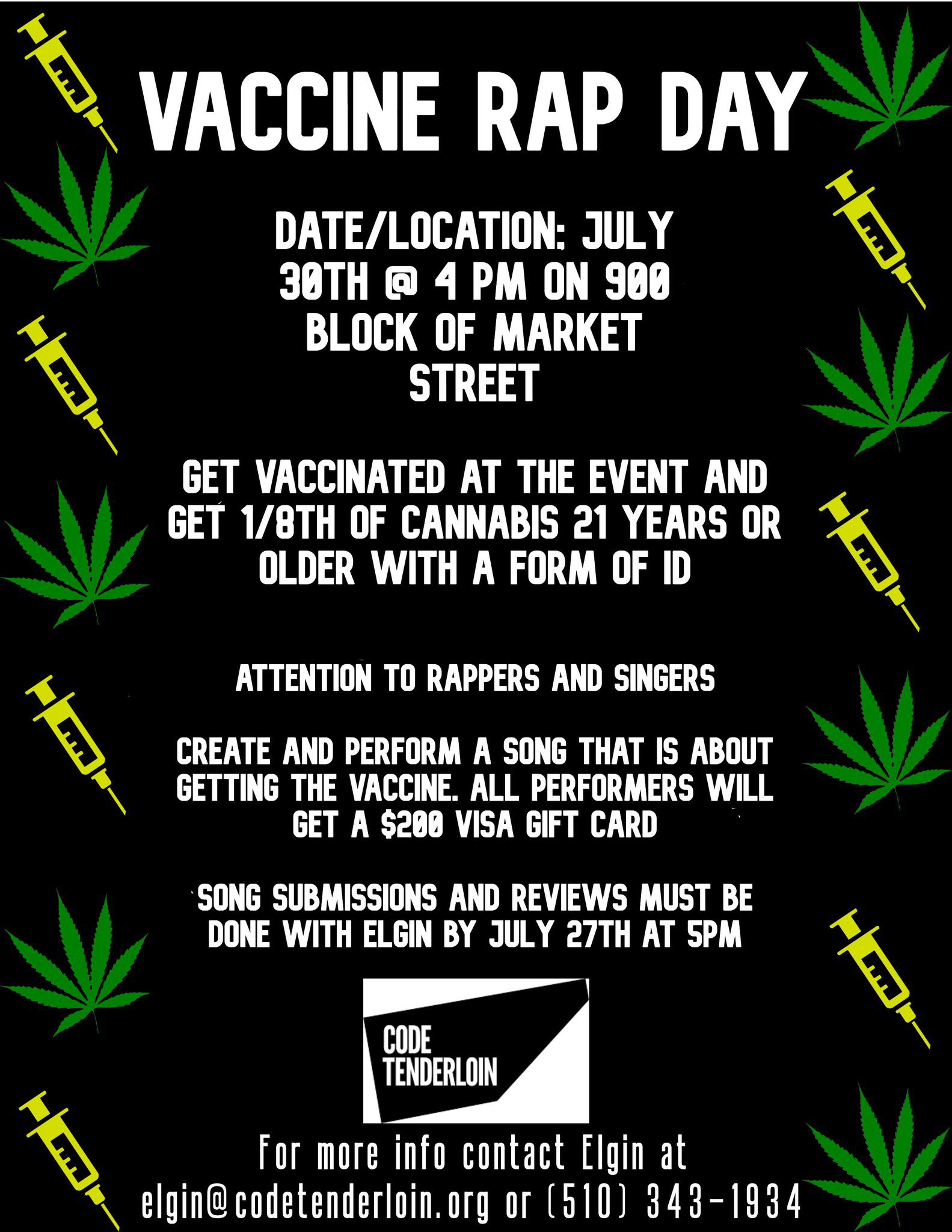 Matt Haney on Twitter: "You may have heard of the "beer and a (vaccine)  shot" promotion, well Code Tenderloin is offering a 1/8th of cannabis as an  incentive for a vaccine. Plus