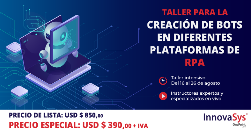 InnovasysCorp's tweet photo. Descubre tu potencial para crear, modelar y desarrollar bots de software en las plataformas de RPA más populares a nivel mundial.
Además conoce las múltiples técnicas y alternativas para automatizar procesos, con el fin de actualizar tus conocimientos técnico-prácticos sobre RPA.