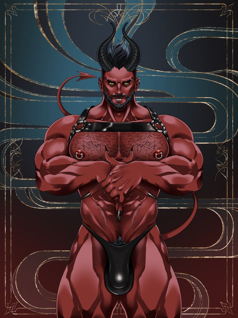 barabrozart's tweet photo. Just vibing with the devil 👹😈 #bara #gay #daddy #nsfw #nsfwart #muscle #gaydaddy #musclegay #erotic #eroticart #gayhunk #hunk #leather #fetish #leatherfetish #gayart #gayjock #procreate #monster #yaoi #devil #horny #nipplepiercing #piercing #tarot #harness #demon #chesthair https://t.co/ezZlKuGsrs