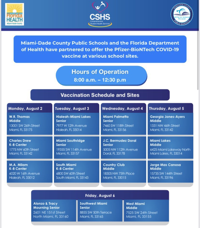 ATTENTION COUGARS - Here are the vaccination schedules for the next 2 weeks.  👉🏻 Students ages 12 and older are eligible for free vaccination against COVID. #theK #TheLegacyContinues @MiamiSup <a href="/MDCPS/">Miami-Dade Schools</a> <a href="/MDCPSSouth/">South Region Office</a>