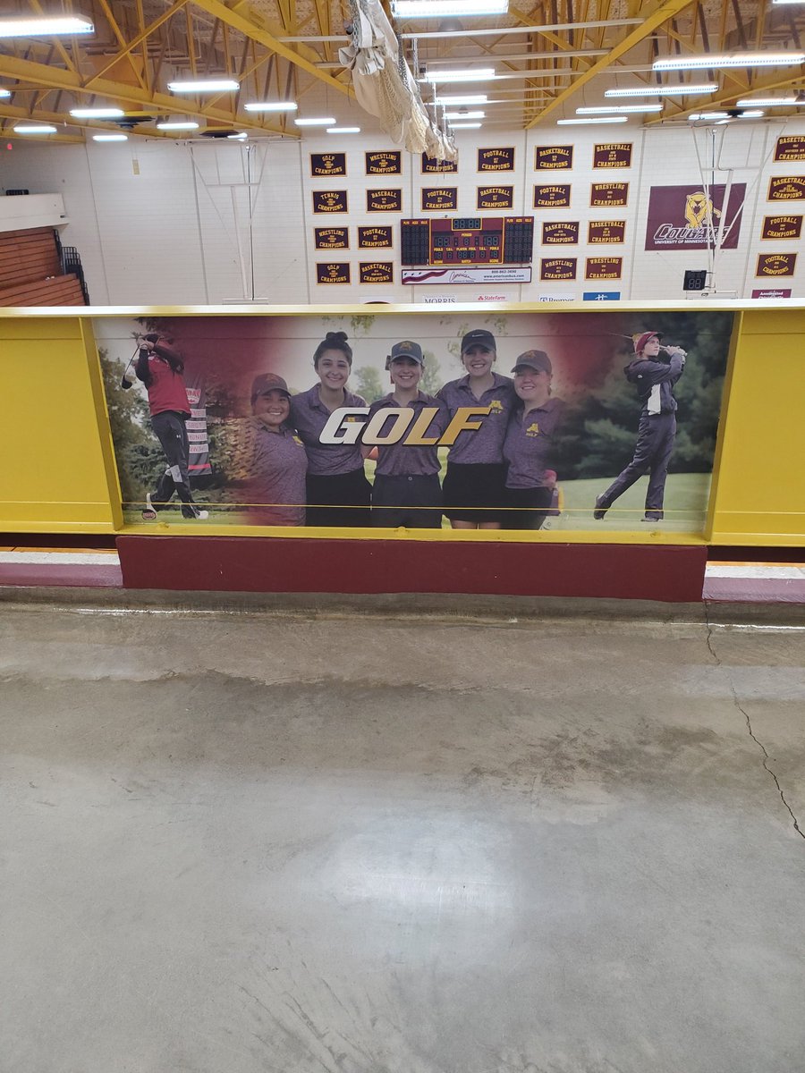 Graphics updates continued for the Cougar Sports Center today!  New student-athlete photos were added to the Dacotah Deck barriers overlooking Jim Gremmels Court.  Can't wait for our Cougars to return to campus!  #BetterTogether <a href="/UMMCougars/">Minnesota Morris Athletics</a> <a href="/UMNMorris/">University of Minnesota Morris</a>