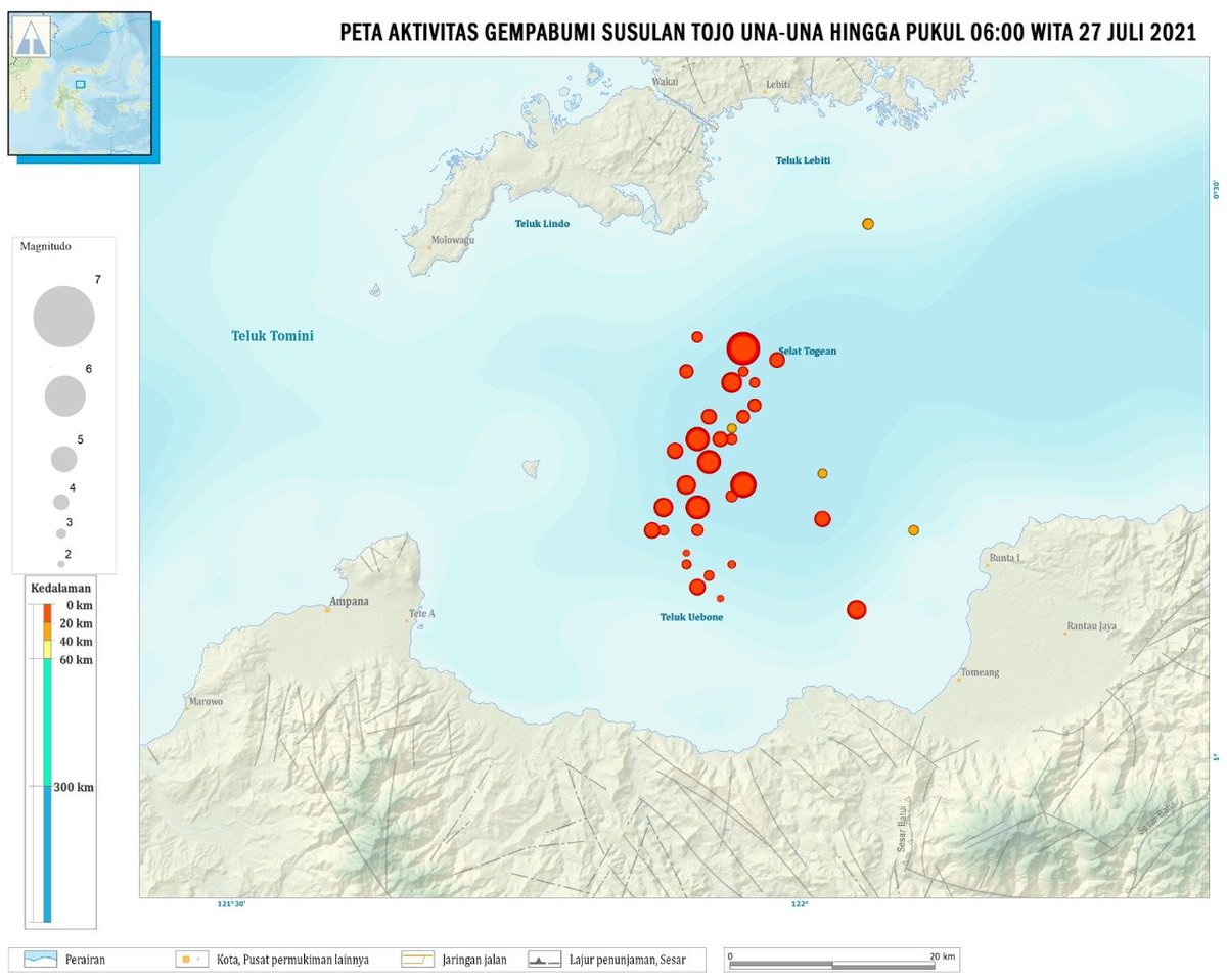daryono_eq_talk's tweet photo. Update hingga Selasa pagi (27/7) ini BMKG mencatat sebanyak 36 kali gempa susulan di Tojo Una Una dengan magnitudo kurang dari 5,0. Semoga kondisi segera stabil. https://t.co/Vcni5si5vf