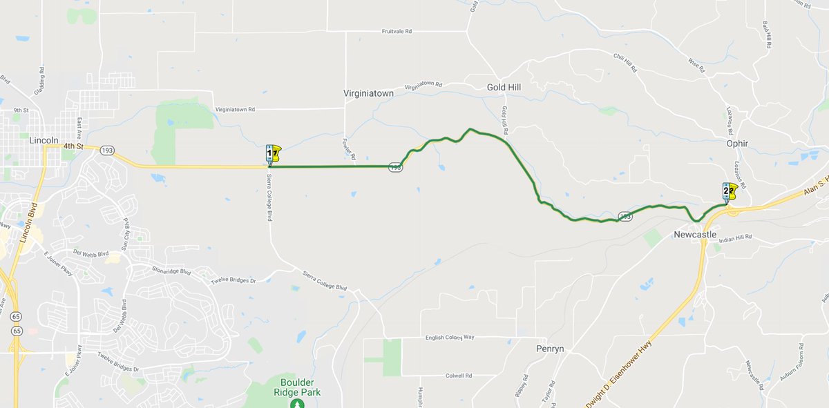 Map showing the project limits of a grinding and paving project on SR-193 in Placer County between Lincoln and Newcastle