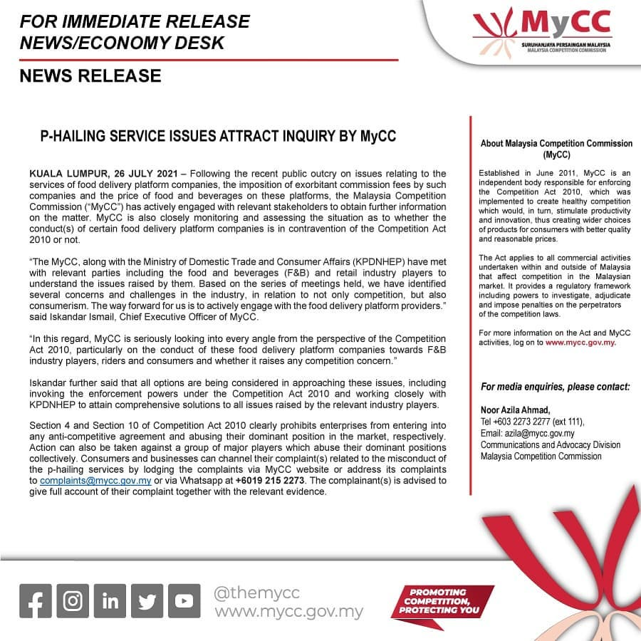 The Malaysia Competition Commission is looking into claims of exorbitant commission fees charged by food delivery services, as well as the price of food and beverages on these platforms.

MyCC says it has identified concerns and challenges in the industry through discussions.