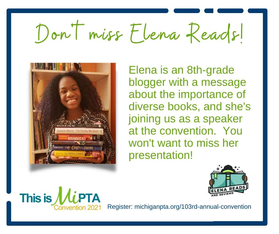 elena_reads's tweet photo. So excited to be a presenter at the @MichiganPTA1 annual conference! I will be sharing my thoughts on the importance of diverse books in school libraries and classrooms. #elenareads #diversebooks #MiPTA #kidblogger #weneeddiversebooks #RepresentationMatters https://t.co/M1FriXelR7