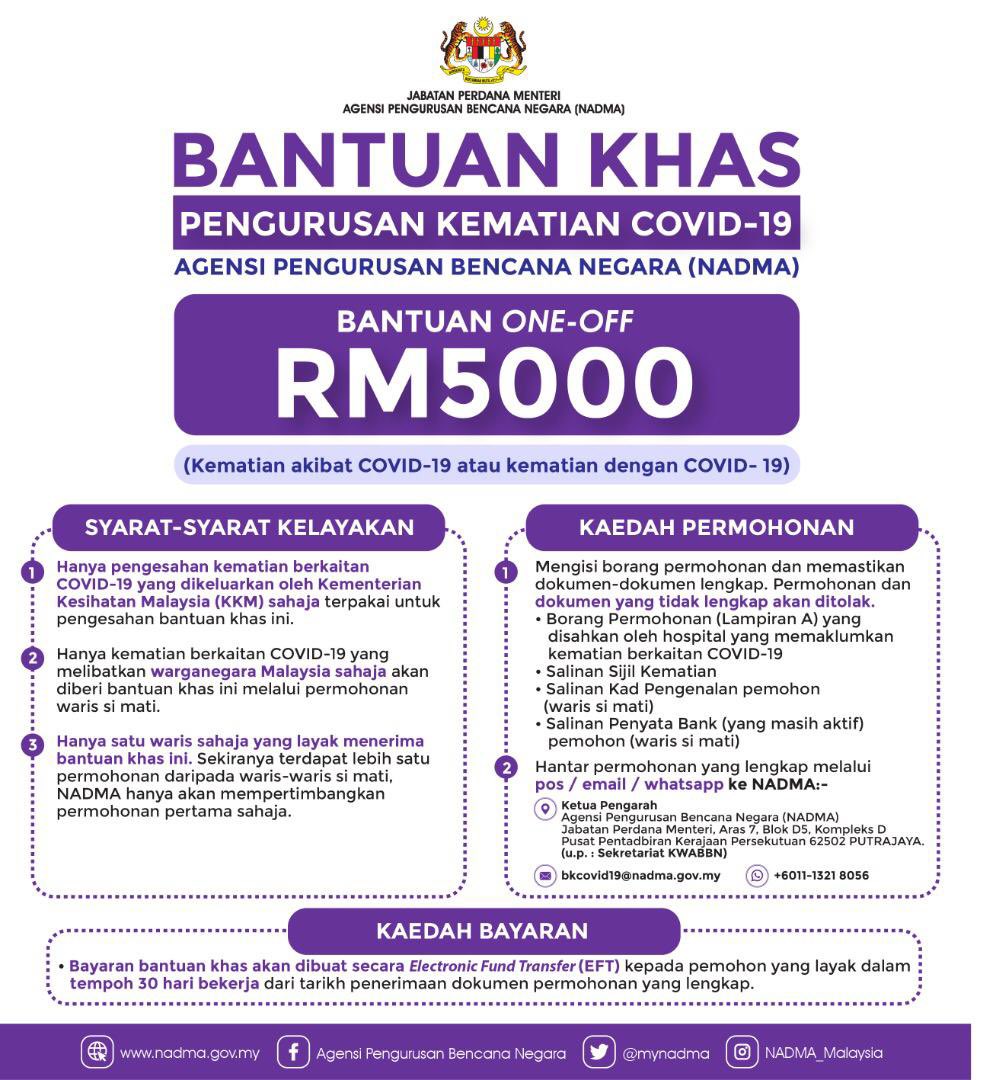NADMA Malaysia on Twitter: "Bantuan Khas Pengurusan Kematian COVID-19 NADMA merupakan bantuan one-off RM5,000 diberikan kepada waris si mati yang meninggal dunia berkaitan jangkitan virus COVID-19 Sila Klik Link Untuk Muat Naik
