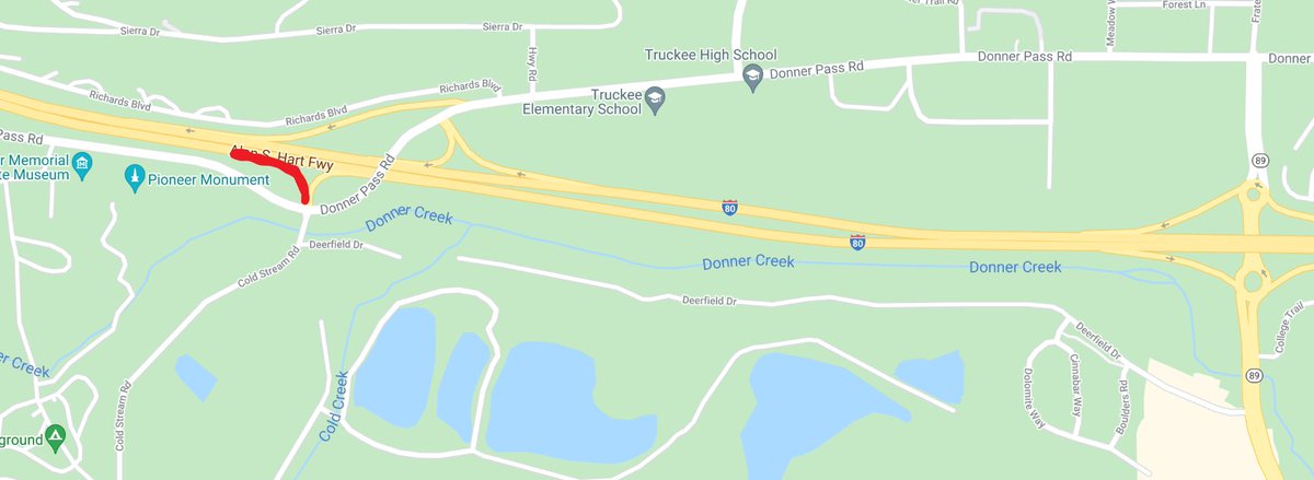 Map showing the I-80 westbound off-ramp CLOSED at Donner Pass Road in Truckee for striping work.