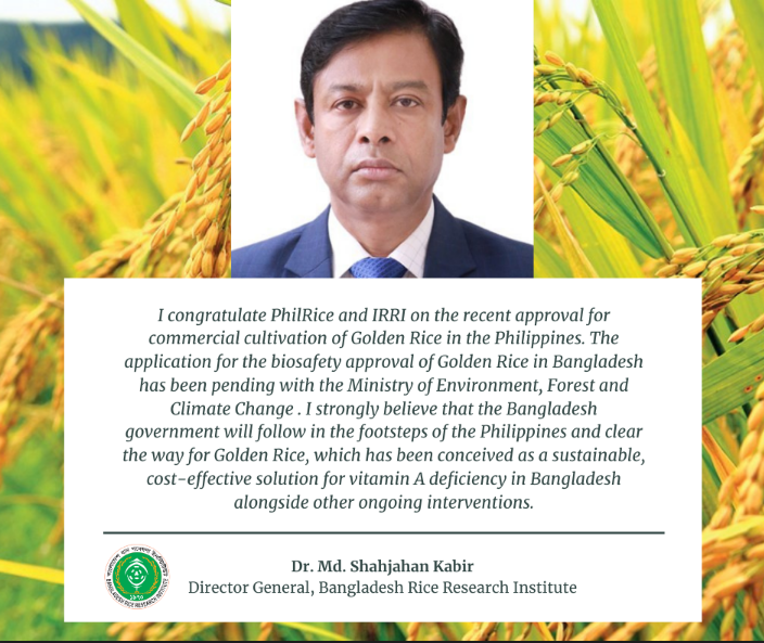 DG BRRI Congratulatory note to @PhilRice and <a href="/irri/">IRRI 🌾</a> on the recent approval for commercial cultivation of #GoldenRice in the Philippines