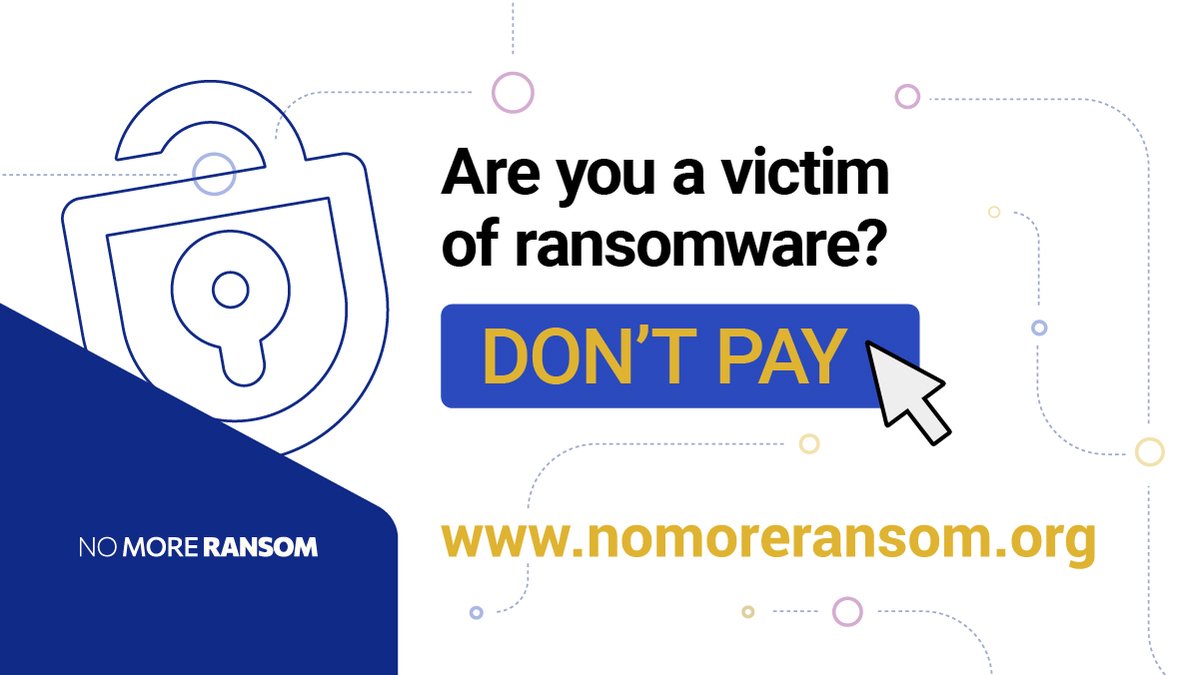 Se cumplen 5 años de la iniciativa #NoMoreRansom de <a href="/EC3Europol/">EC3</a>. En <a href="/GDTGuardiaCivil/">GDT Guardia Civil</a> estamos orgullosos de poder dar voz a este proyecto. 

Evita pagar el rescate: haz que el #ransomware deje de ser un negocio lucrativo para el #cibercrimen

👉🏽nomoreransom.org

#DontPay