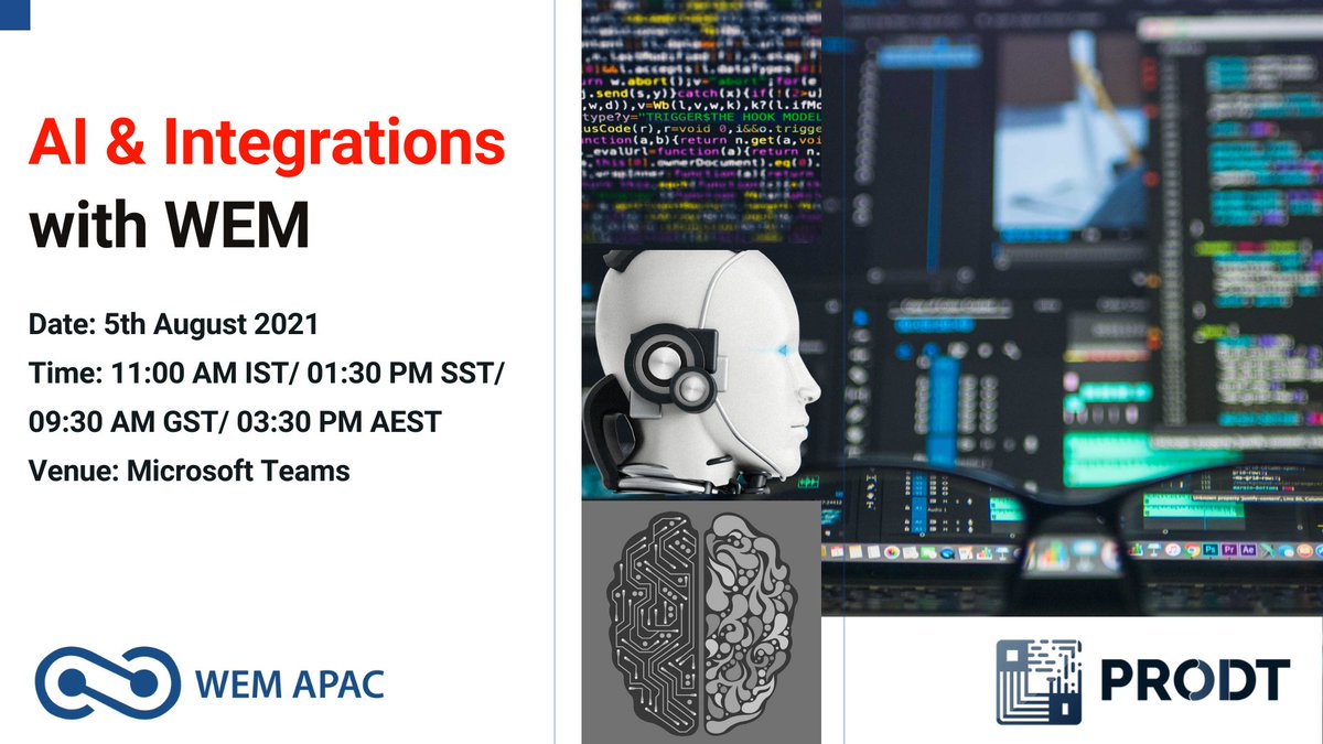 WemApac's tweet photo. Get ready for our next webinar in 45 Possible series. Watch Team Prodt build a theme by performing Integrations with WEM's No-Code platform. Join us on 5th August @ 11am IST. Register now @ https://t.co/G50cTETpCX
#webinar #ai #nocode #digitaltransformation #prodt #wemapac https://t.co/DzOZs3K3Bs