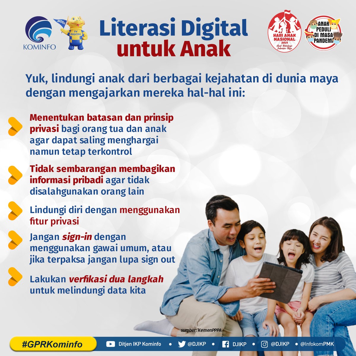 DitjenKPM's tweet photo. Hai SobatKom! Ada berbagai kejahatan di dunia maya yang menyasar anak-anak. Bagaimana cara melindungi mereka?
#GPRKominfo #infokompmk #HariAnakNasional #AnakTerlindungiIndonesiaMaju #AnakPeduliDiMasaPandemi #AnakCerdasTerliterasi @kemkominfo @kpp_pa https://t.co/tkTfpAxmMp