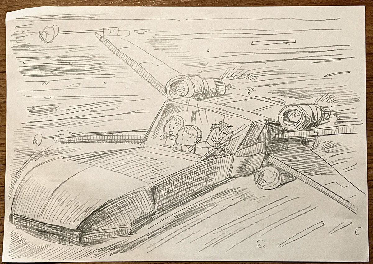 息子のリクエストで、家族でXウィングファイター(スターウォーズの戦闘機)に乗っているところを描きました。最近息子はスターウォーズにめちゃくちゃハマってます😂

#息子とお絵描き 