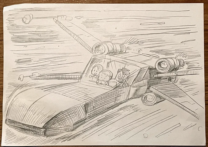 息子のリクエストで、家族でXウィングファイター(スターウォーズの戦闘機)に乗っているところを描きました。最近息子はスターウォーズにめちゃくちゃハマってます#息子とお絵描き 
