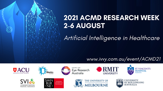 SVIResearch's tweet photo. The 2021 #ACMD Research Week will be held as a virtual event from Monday 2 August to Friday 6 August.
This year’s theme is ‘Artificial Intelligence in Healthcare’, and we have a number of exciting events highlighting this theme. #AI https://t.co/g7Siv50EwA