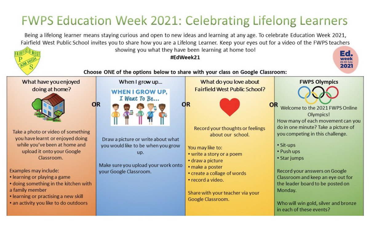 📚✏ 🍎 EDUCATION WEEK 2021 
The theme for this year is "Lifelong Learners". 
Take a look at the Education Week activities, pick ONE to complete &amp; submit your work on Google Classroom. 
👀 Don’t forget to keep your eyes peeled for a special postcard from Ms Goldfinch! ✉️