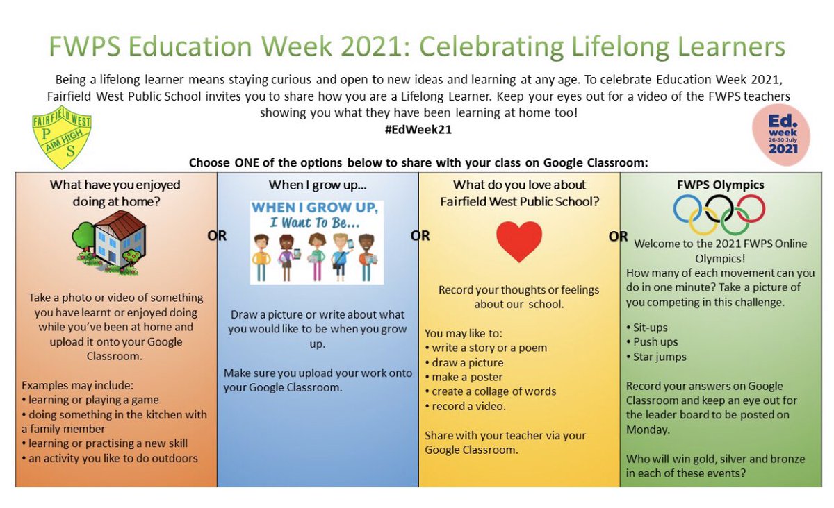 📚✏ 🍎 EDUCATION WEEK 2021 The theme for this year is 'Lifelong Learners'. Take a look at the Education Week activities, pick ONE to complete & submit your work on Google Classroom. 👀 Don’t forget to keep your eyes peeled for a special postcard from Ms Goldfinch! ✉️