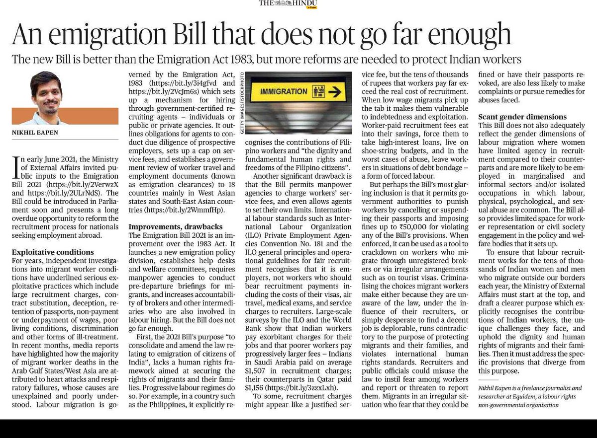 The new Bill is better than the #Emigration Act 1983, but does it go far enough to recognize challenges faced by Indian workers? Our researcher @nikhil_eapen writes for @the_hindu and suggests reforms that can help protect Indian #migrant workers. @Mustafa_Qadri @namrataraju