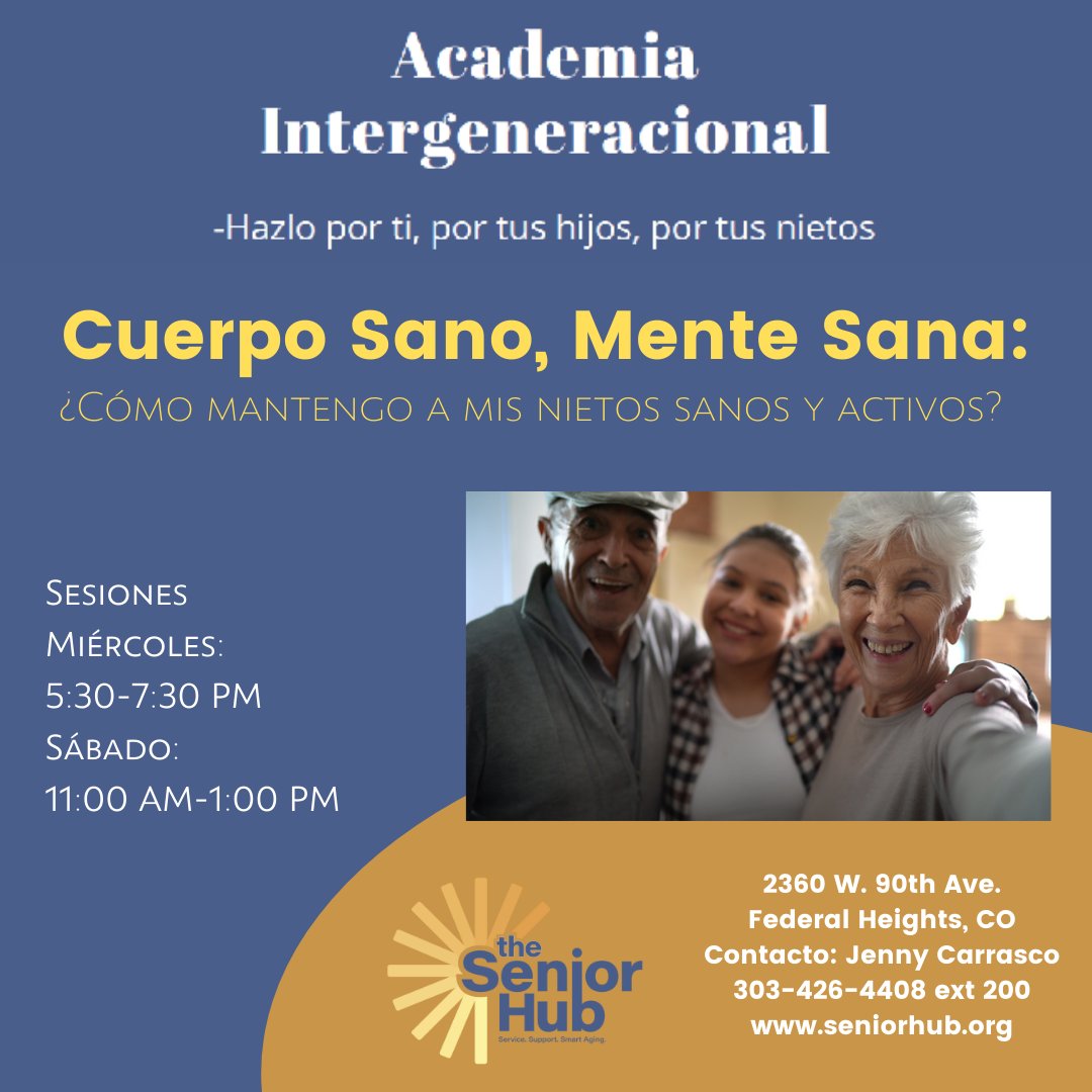 Únase a nosotros para la Academia Intergeneracional facilitada por Julieta Quiñónez. Las sesiones comenzaran en julio, son de adultos mayores que habla hispana- 60 más luchando con los desafíos de criar adolescentes desde 10–18 anos de edad.