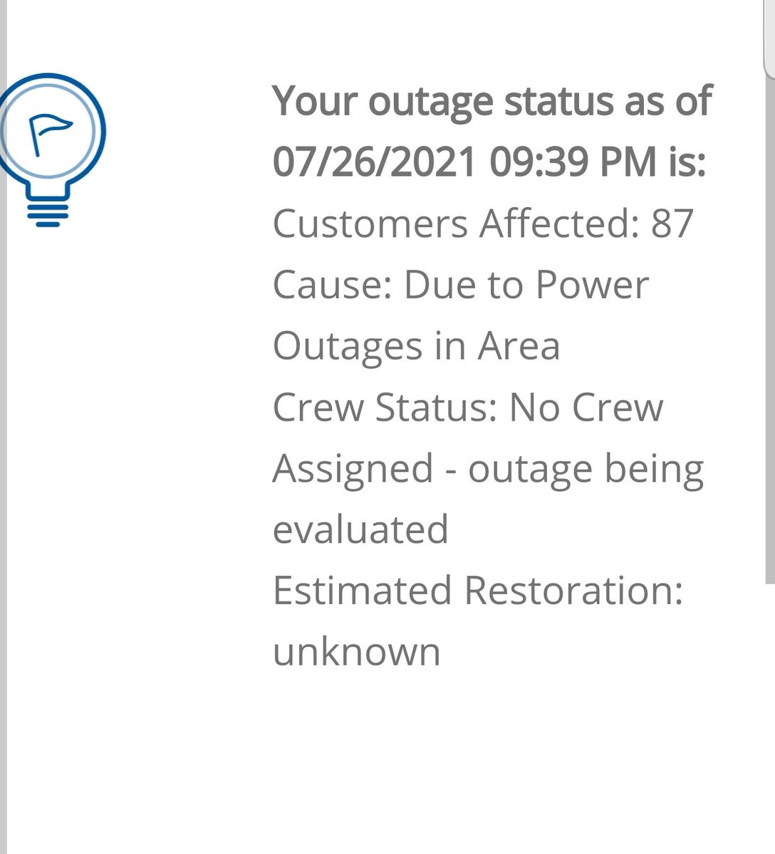 MimiMNarayan's tweet photo. @PepcoConnect Power went out at like 7:30ish. It's almost 10. Still evaluating?? Come on! https://t.co/5aqFyDCeZX